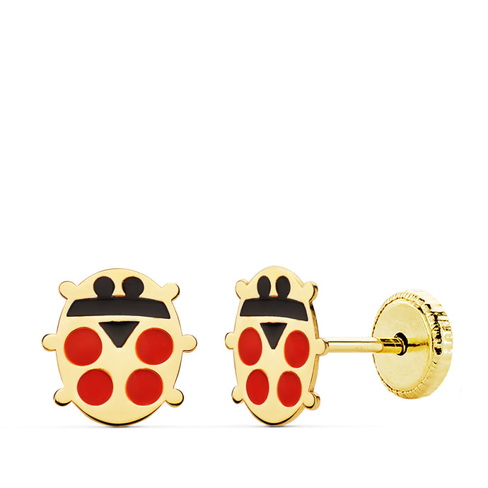 PENDIENTES NIÑA ORO 18K 750mm - MARIQUITA ESMALTE. 8 X 8 MM. CIERRE ROSCA (REF:12321063)