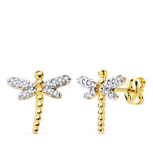 PENDIENTES NIÑA ORO 18K 750mm - LIBÉLULAS 12 X 12 MM.CIRCONITAS CIERRE PRESIÓN (REF:12322013)