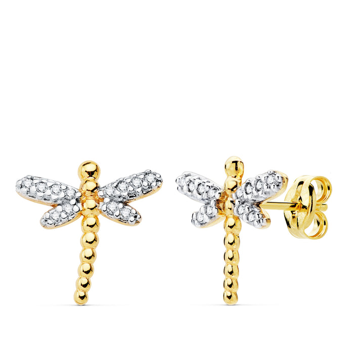 PENDIENTES NIÑA ORO 18K 750mm - LIBÉLULAS 12 X 12 MM.CIRCONITAS CIERRE PRESIÓN (REF:12322013)