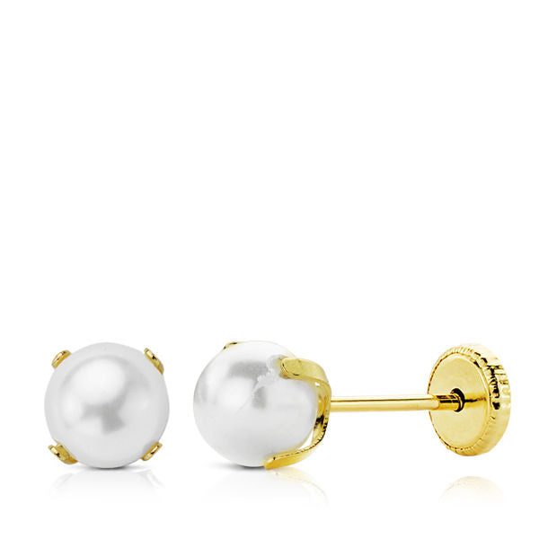 PENDIENTES NIÑA ORO 18K 750mm - PERLA 5 MM. CIERRE ROSCA (REF:1238697-P)